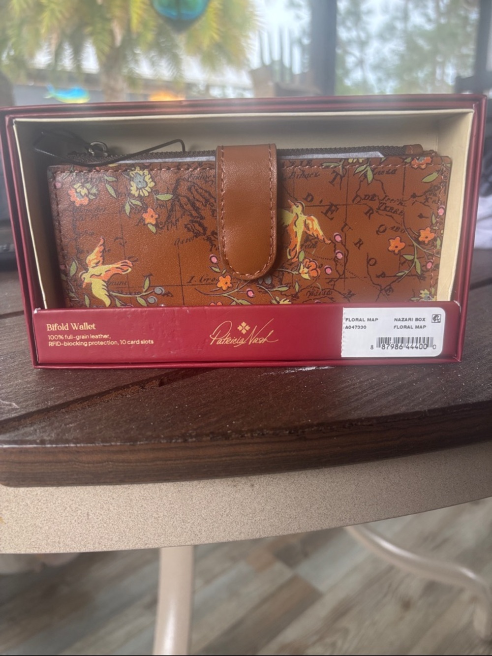 Patricia Nash Brown Floral Map Leather Bifold Wallet with Zipper